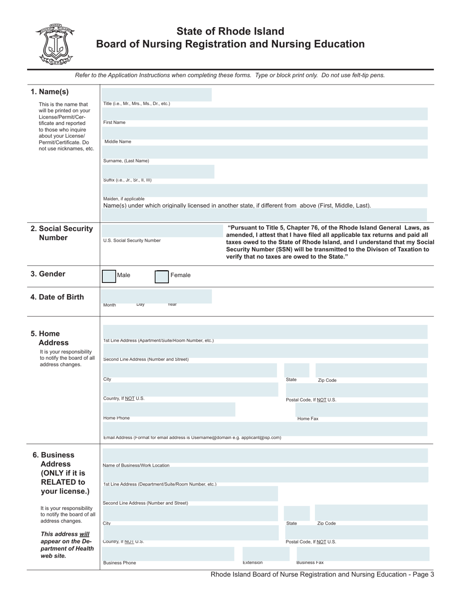 License Application for Aprn - Rhode Island, Page 3