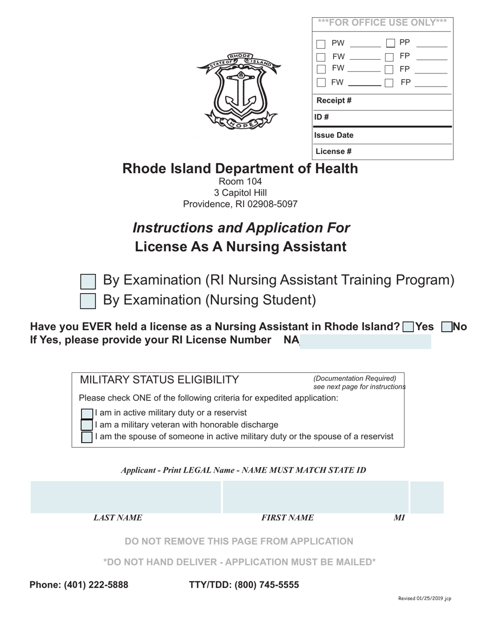 Application for License as a Nursing Assistant - Rhode Island, Page 1