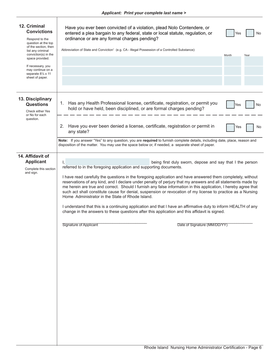 Application for License as a Nursing Home Administrator - Rhode Island, Page 6