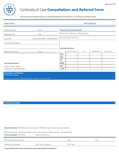 Continuity of Care Consultation and Referral Form - Rhode Island Download Pdf