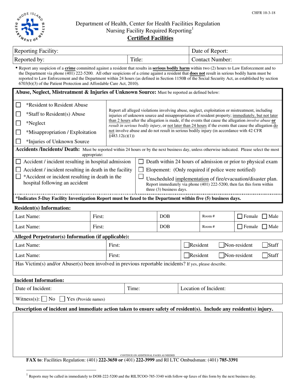 Nursing Facility Required Reporting - Certified Facilities - Rhode Island, Page 1