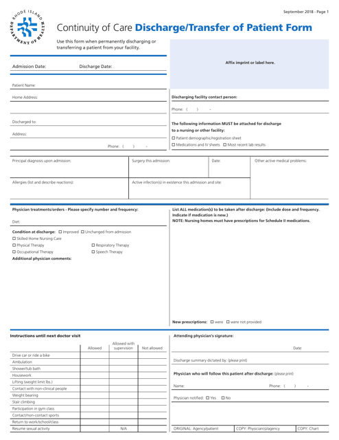 Continuity of Care Discharge/Transfer of Patient Form - Rhode Island