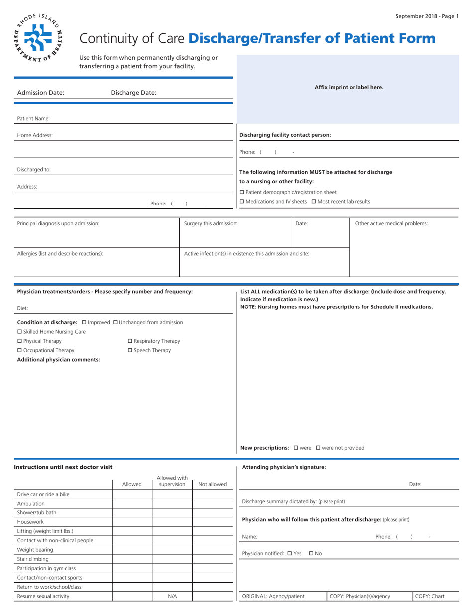 Continuity of Care Discharge / Transfer of Patient Form - Rhode Island, Page 1