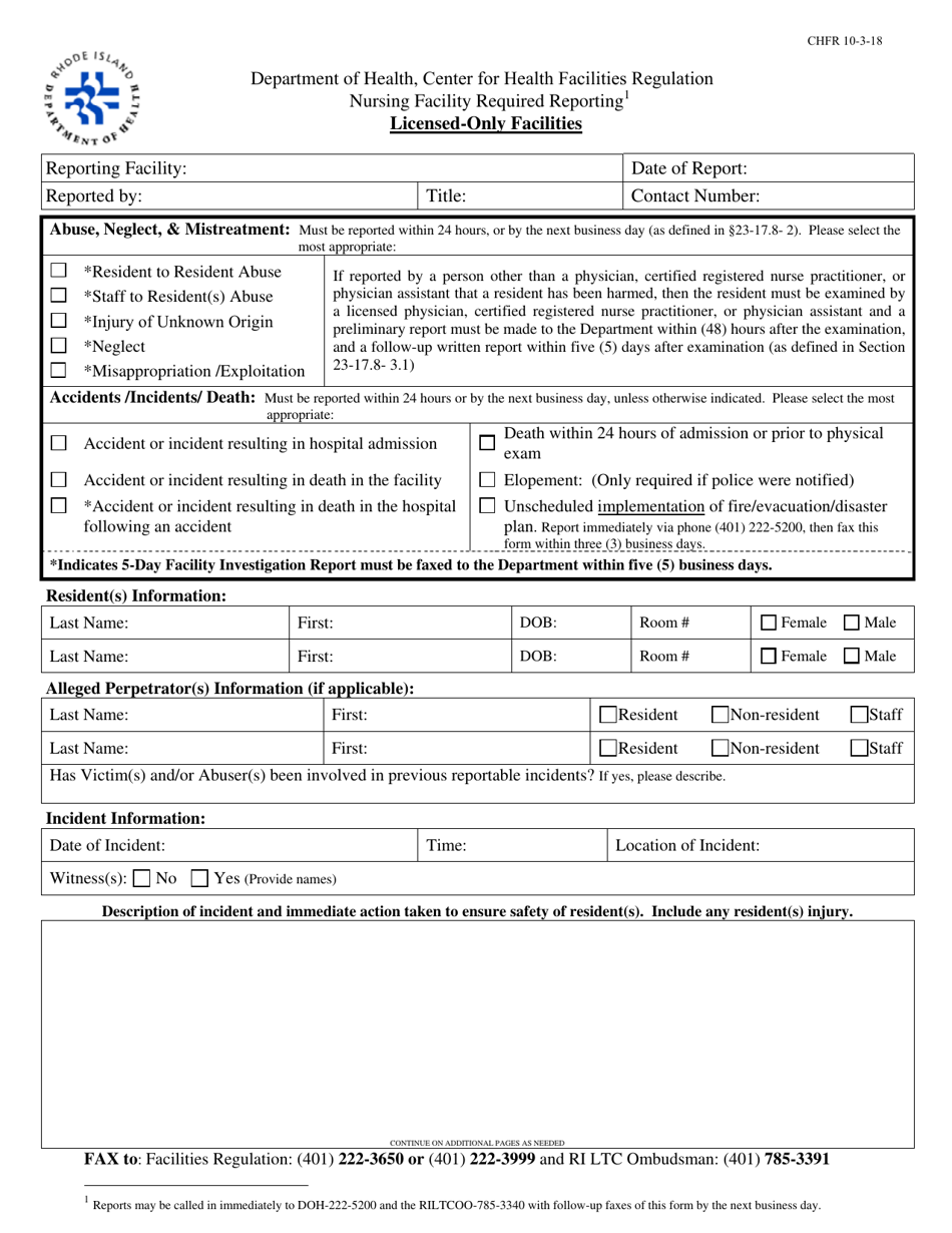 Nursing Facility Required Reporting - Licensed-Only Facilities - Rhode Island, Page 1