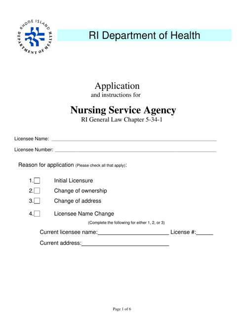 Application for Nursing Service Agency - Rhode Island Download Pdf