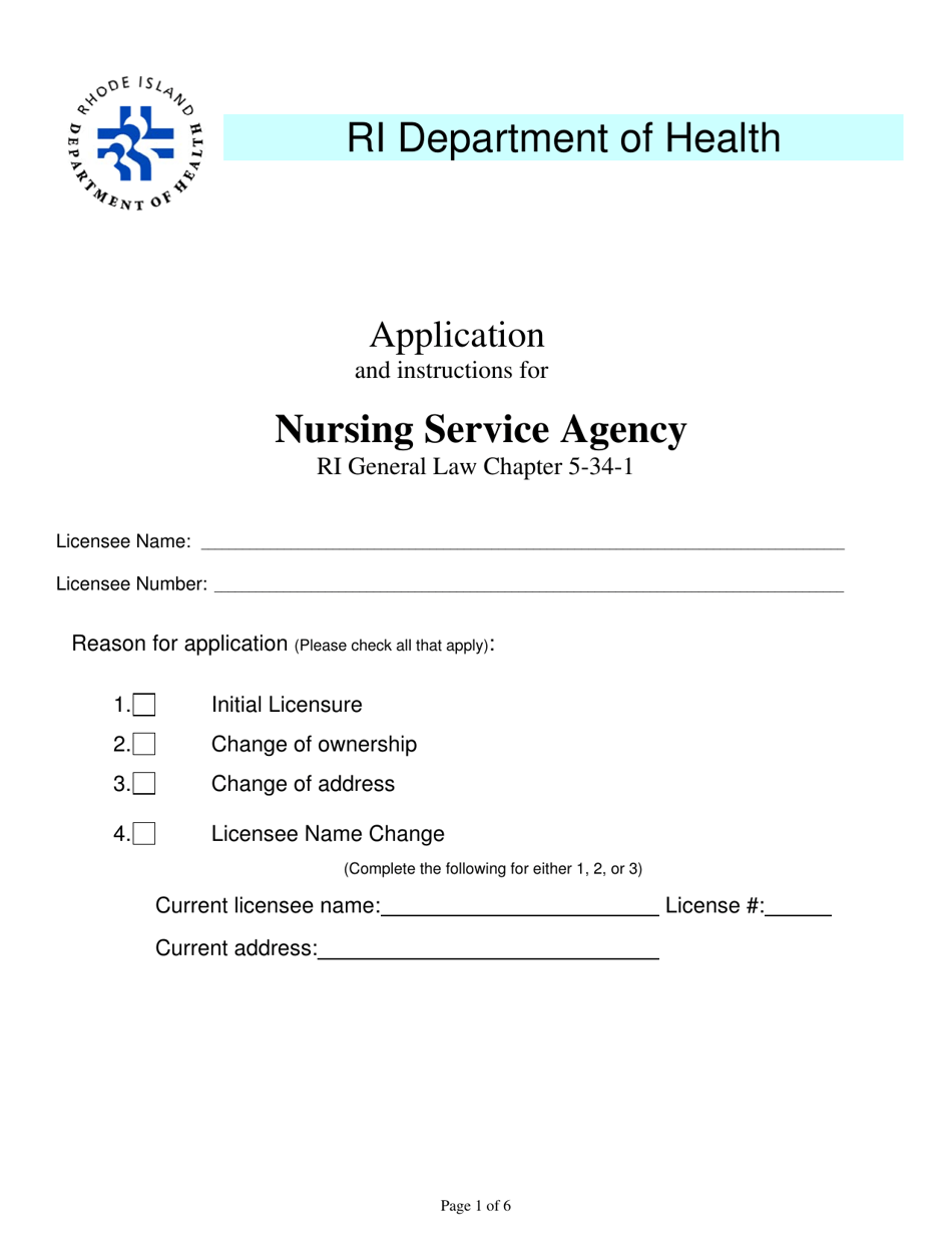 Application for Nursing Service Agency - Rhode Island, Page 1
