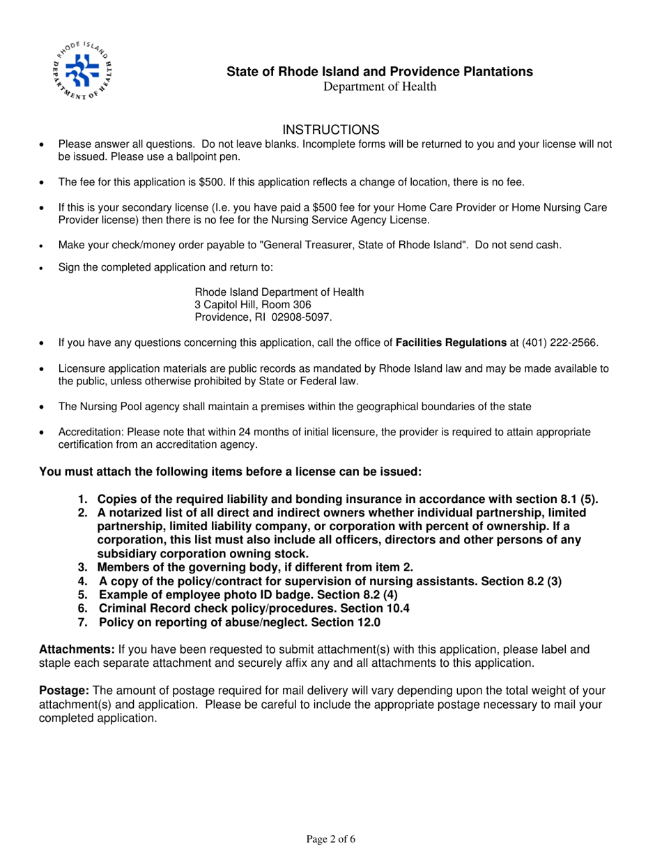 Application for Nursing Service Agency - Rhode Island, Page 2
