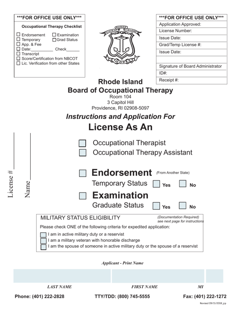 Application for License as an Occupational Therapist / Occupational Therapy Assistant - Rhode Island Download Pdf