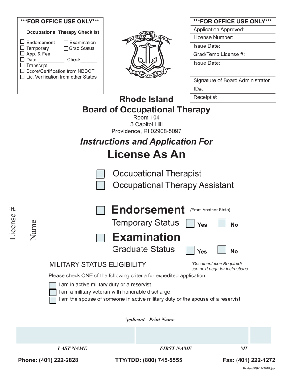 Application for License as an Occupational Therapist / Occupational Therapy Assistant - Rhode Island, Page 1