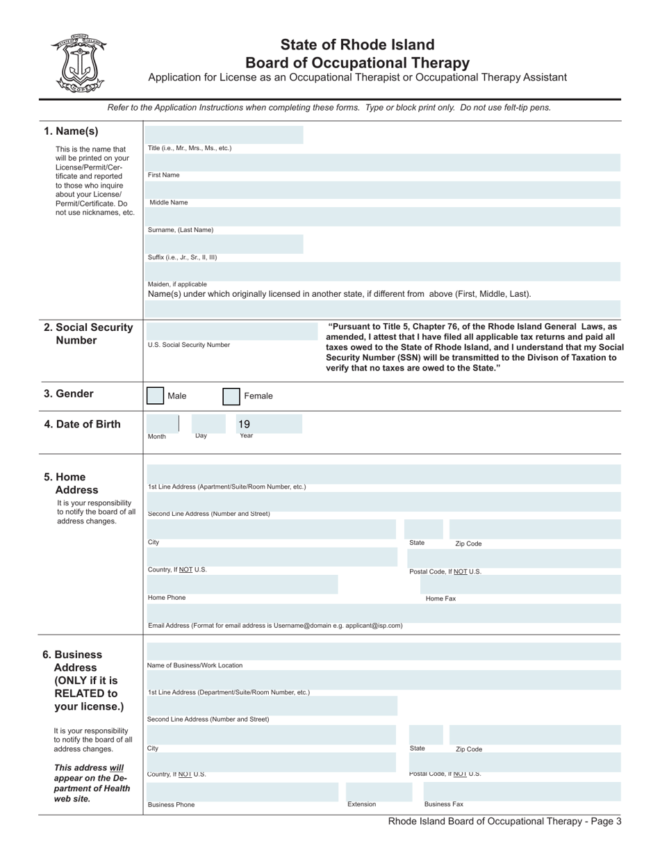 Application for License as an Occupational Therapist / Occupational Therapy Assistant - Rhode Island, Page 3