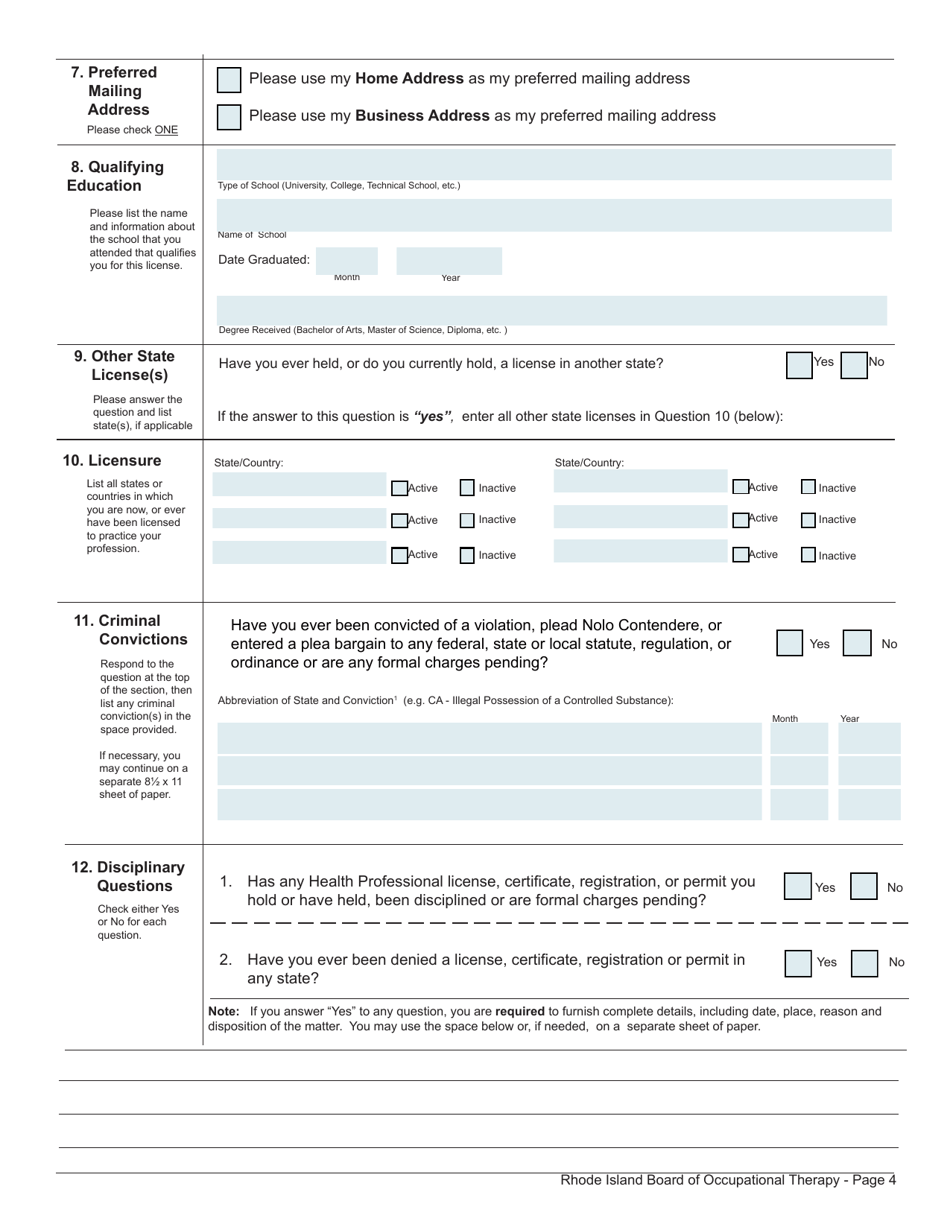 Application for License as an Occupational Therapist / Occupational Therapy Assistant - Rhode Island, Page 4