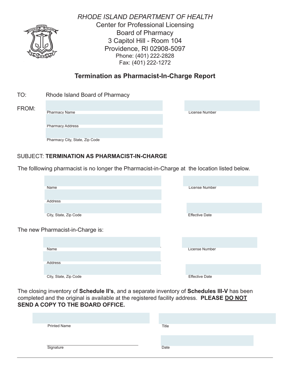 Termination as Pharmacist-In-charge Report - Rhode Island, Page 1