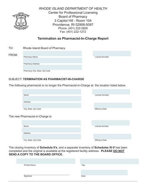 Termination as Pharmacist-In-charge Report - Rhode Island