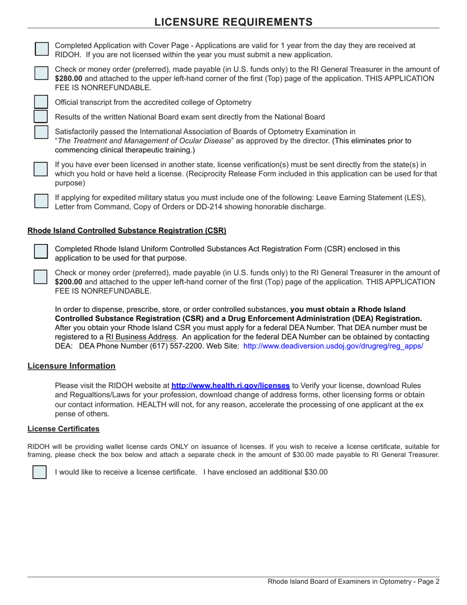 License Application for Optometrist / Optometrist / Glaucoma - Rhode Island, Page 2
