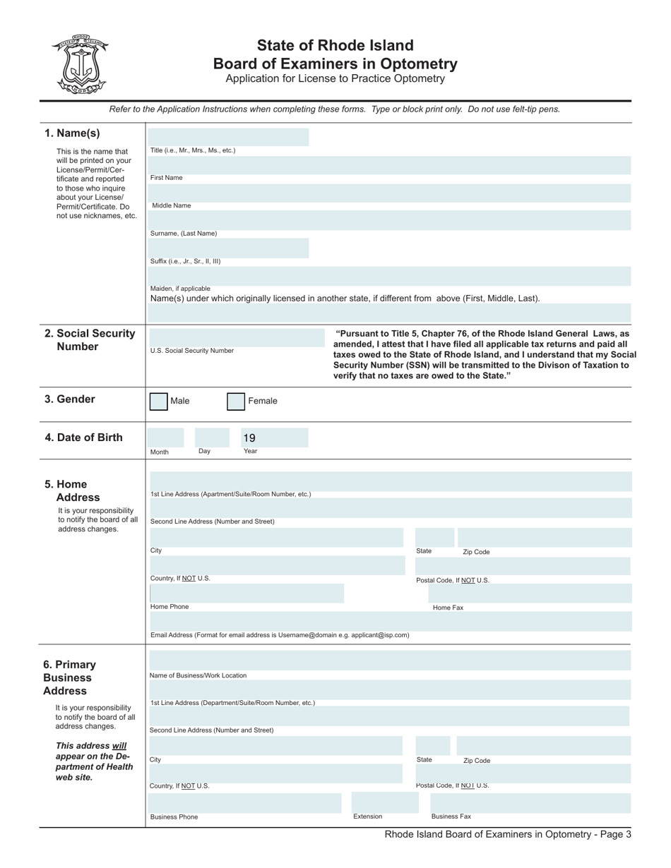 License Application for Optometrist / Optometrist / Glaucoma - Rhode Island, Page 3