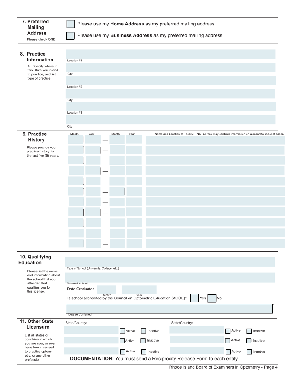 License Application for Optometrist / Optometrist / Glaucoma - Rhode Island, Page 4