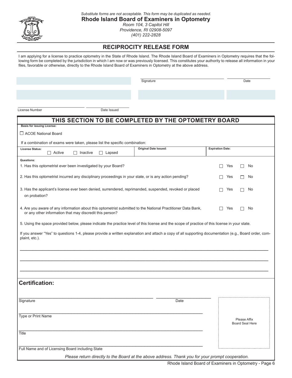 License Application for Optometrist / Optometrist / Glaucoma - Rhode Island, Page 6
