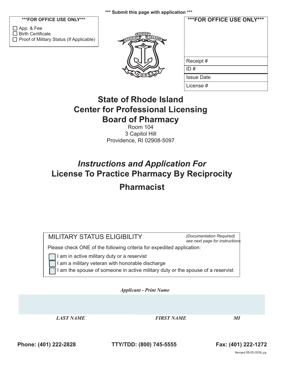Application for License to Practice Pharmacy by Reciprocity Pharmacist - Pennsylvania, Page 1