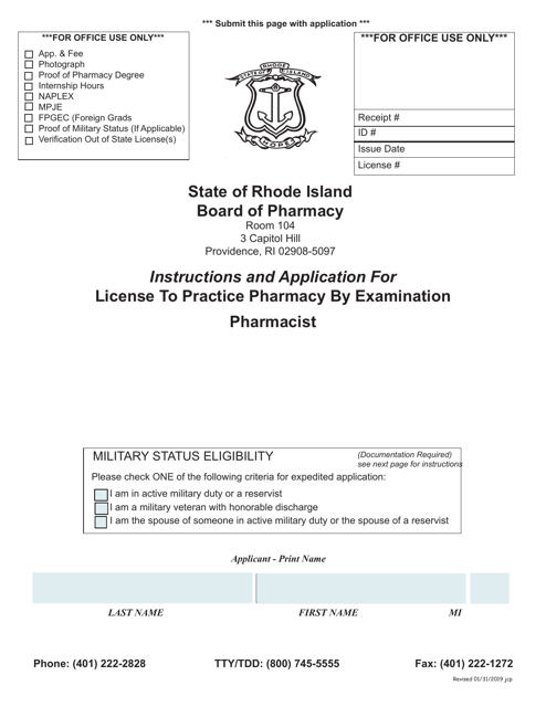 Application for License to Practice Pharmacy by Examination Pharmacist - Rhode Island Download Pdf