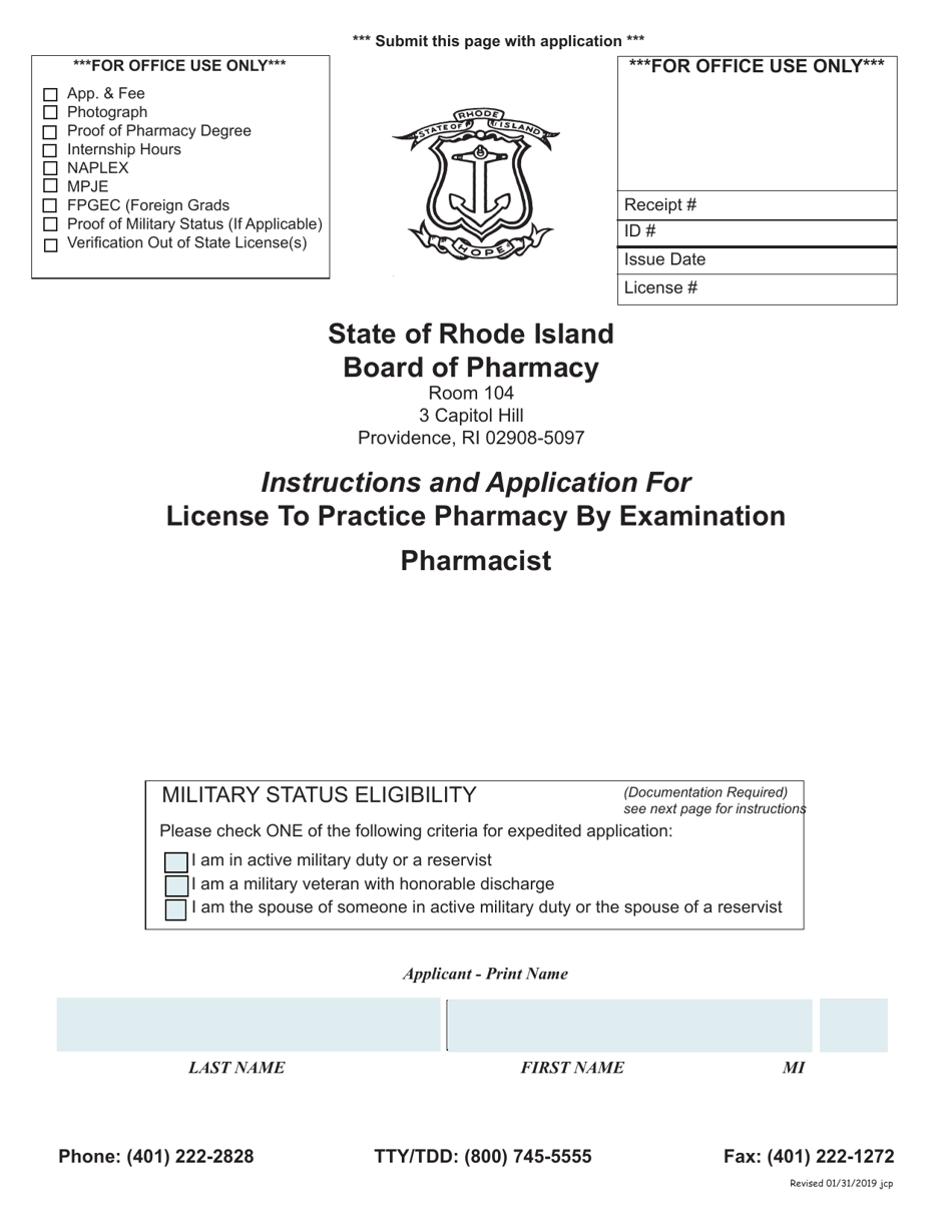 Application for License to Practice Pharmacy by Examination Pharmacist - Rhode Island, Page 1