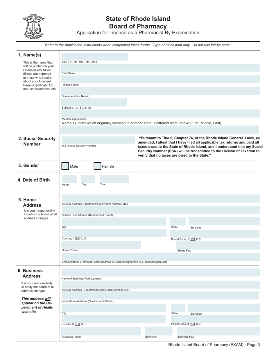 Application for License to Practice Pharmacy by Examination Pharmacist - Rhode Island, Page 3