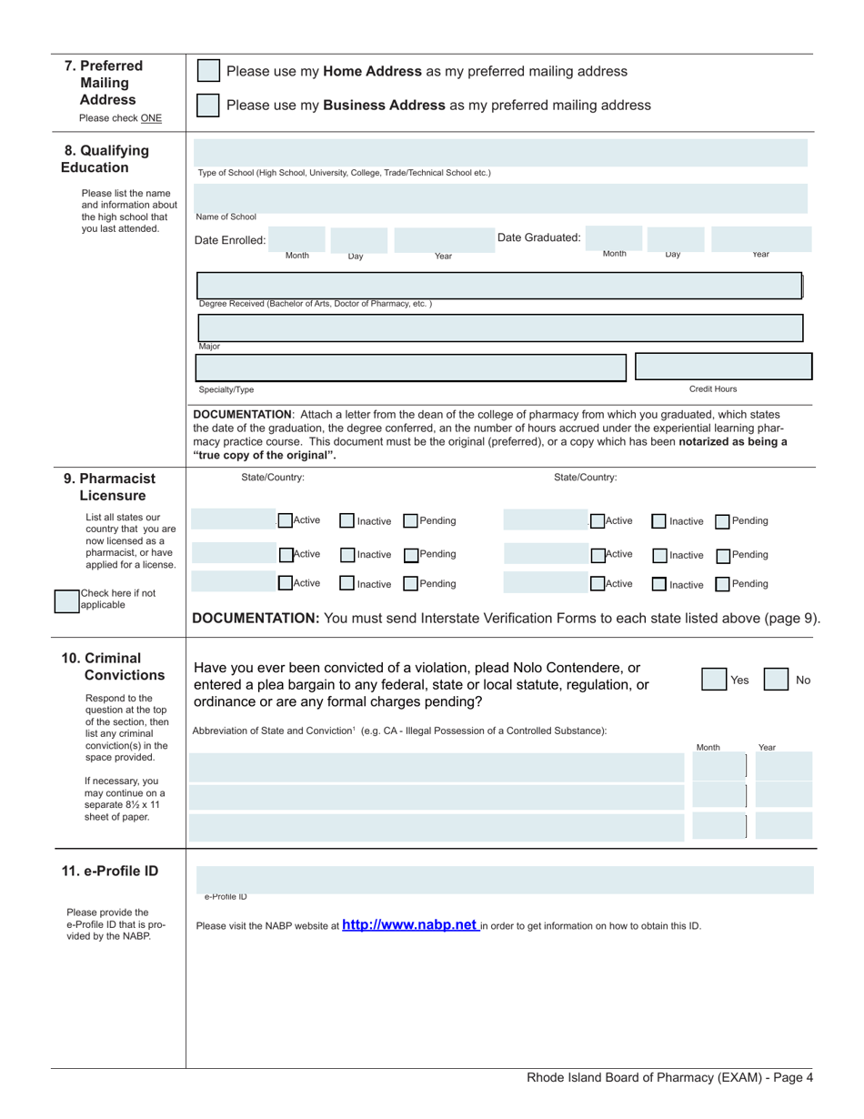 Application for License to Practice Pharmacy by Examination Pharmacist - Rhode Island, Page 4