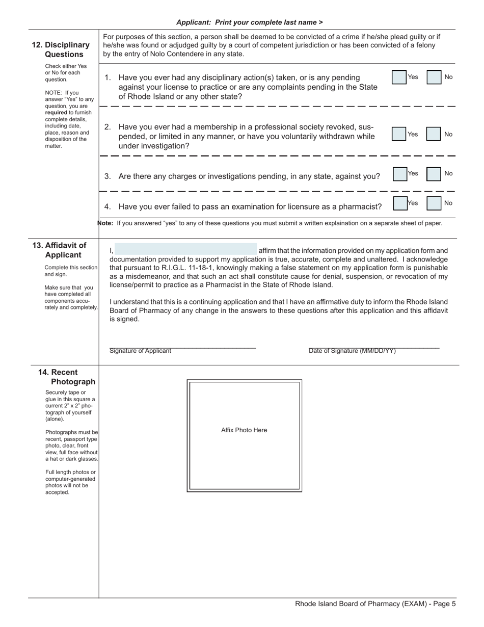 Application for License to Practice Pharmacy by Examination Pharmacist - Rhode Island, Page 5