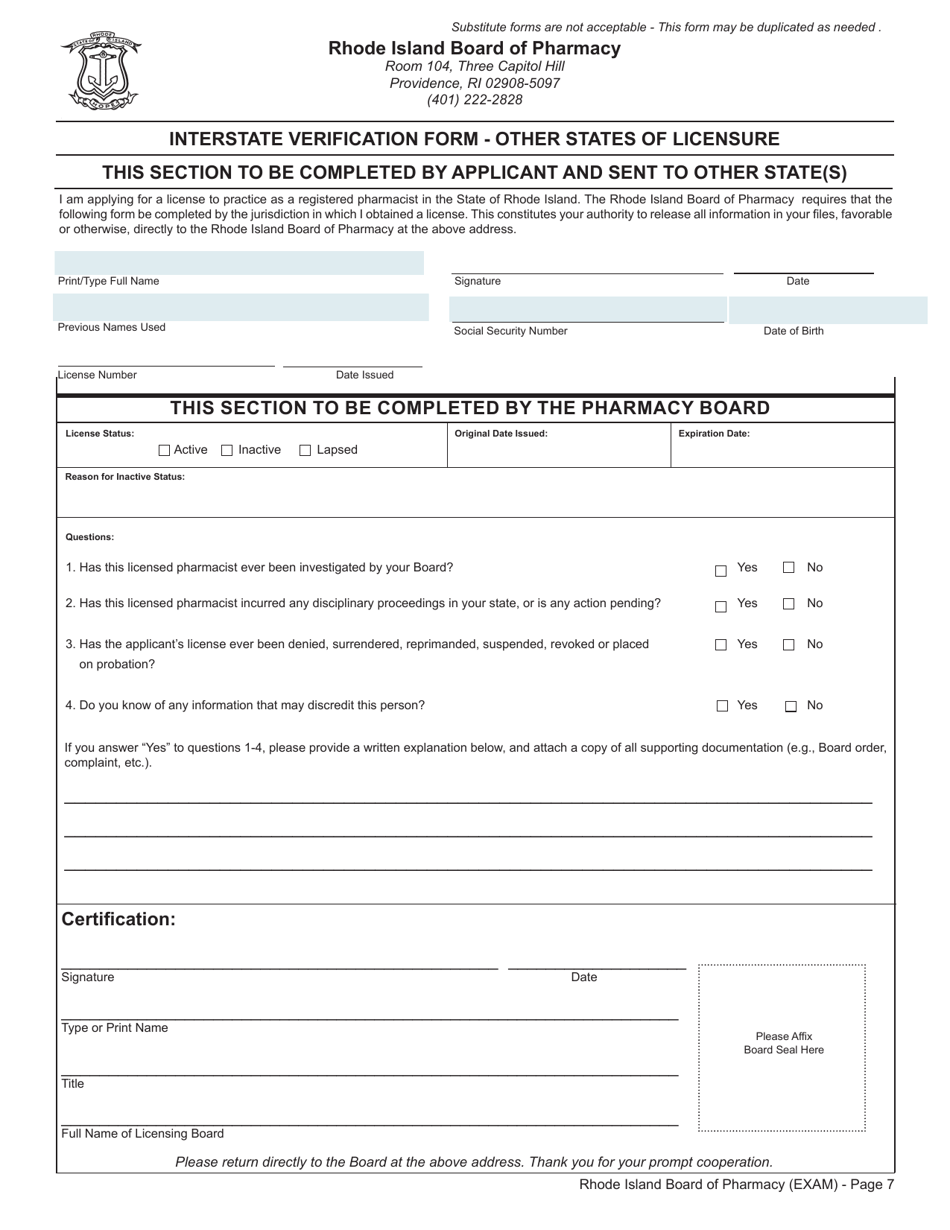 Application for License to Practice Pharmacy by Examination Pharmacist - Rhode Island, Page 7