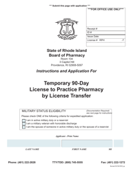 Document preview: Application for Temporary 90-day License to Practice Pharmacy by License Transfer - Rhode Island
