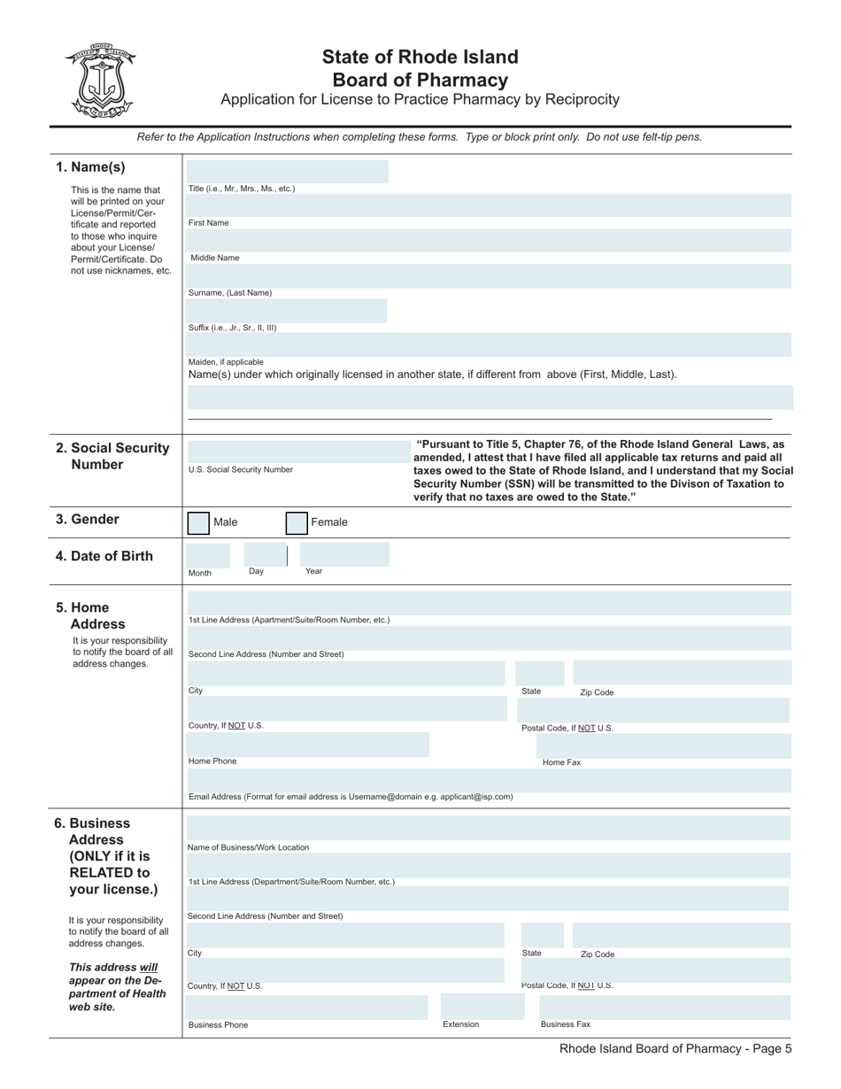 Application for Temporary 90-day License to Practice Pharmacy by License Transfer - Rhode Island, Page 3