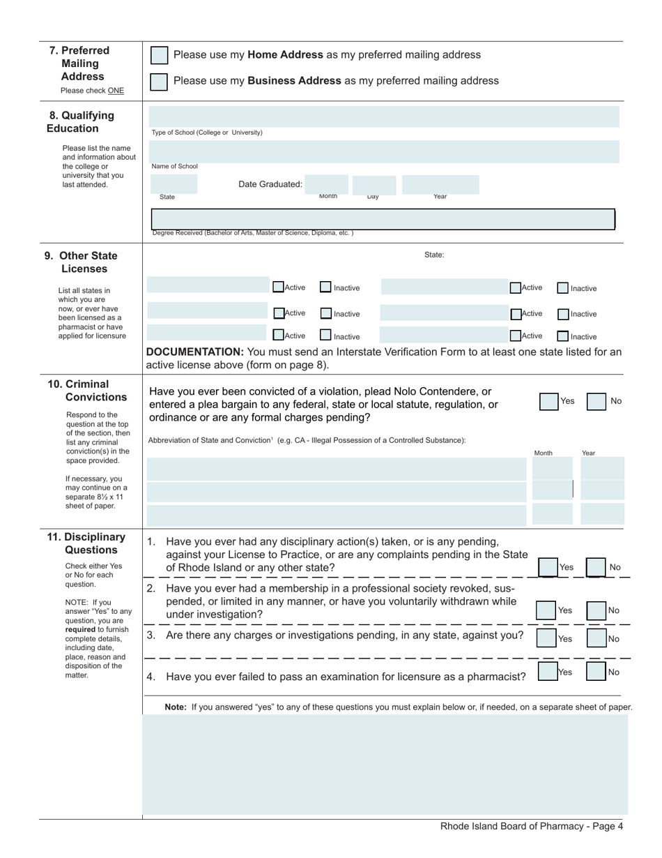 Application for Temporary 90-day License to Practice Pharmacy by License Transfer - Rhode Island, Page 4