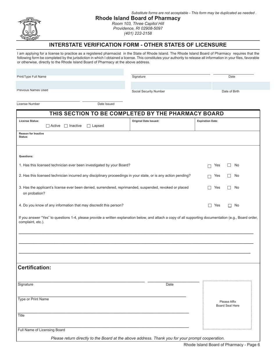 Application for Temporary 90-day License to Practice Pharmacy by License Transfer - Rhode Island, Page 6