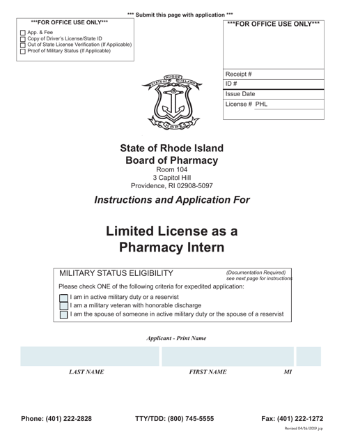 Application for Limited License as a Pharmacy Intern - Rhode Island Download Pdf