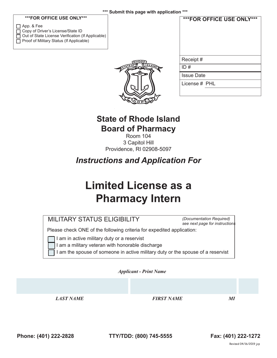 Application for Limited License as a Pharmacy Intern - Rhode Island, Page 1
