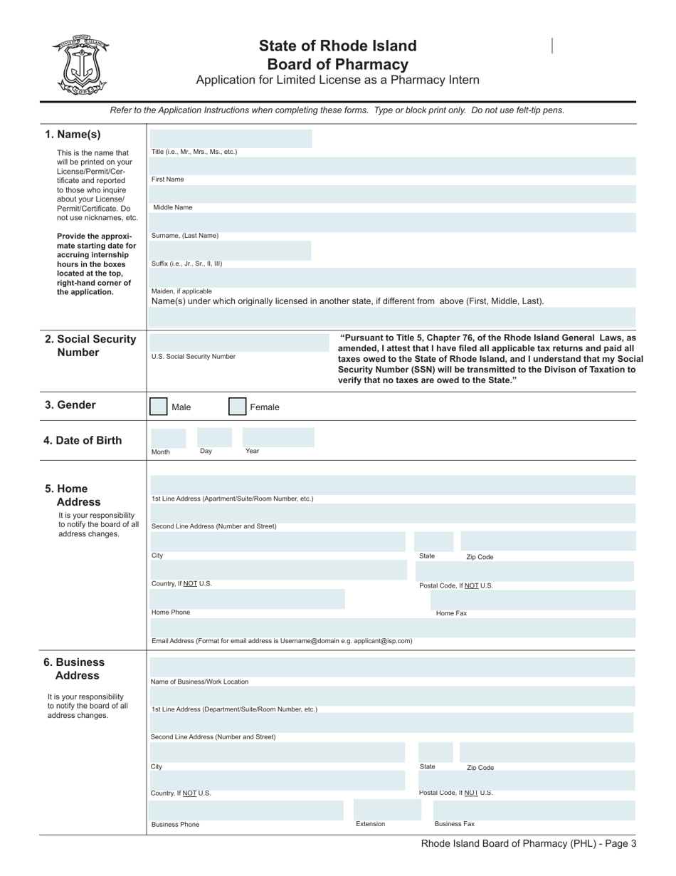 Application for Limited License as a Pharmacy Intern - Rhode Island, Page 3