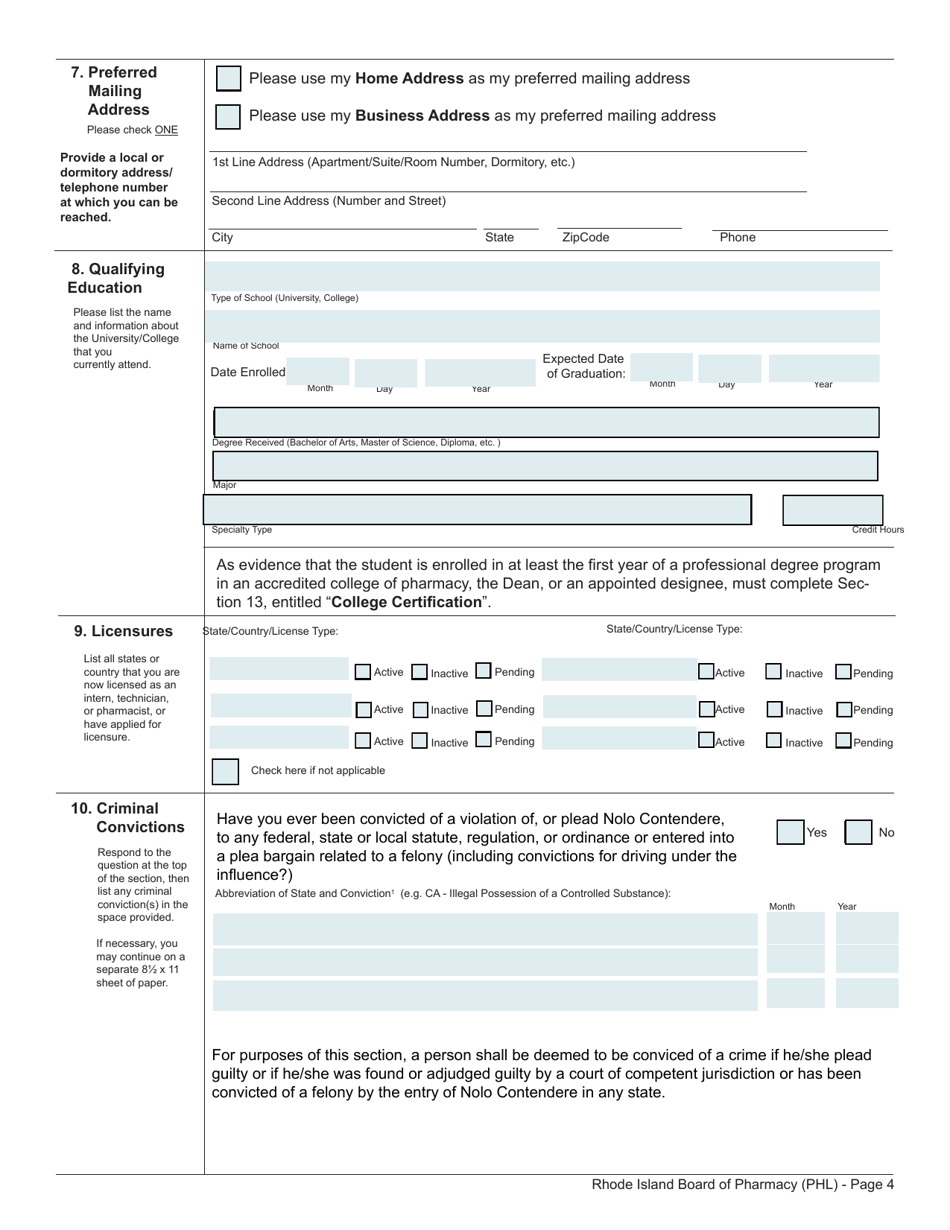 Application for Limited License as a Pharmacy Intern - Rhode Island, Page 4