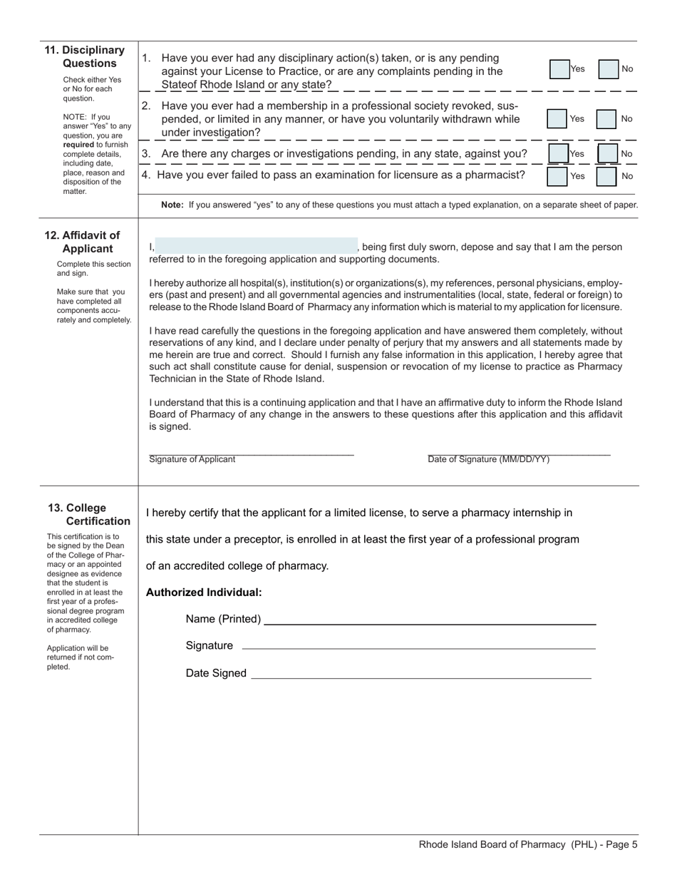 Application for Limited License as a Pharmacy Intern - Rhode Island, Page 5