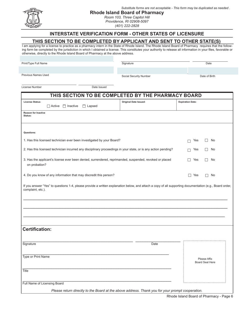 Application for Limited License as a Pharmacy Intern - Rhode Island, Page 6
