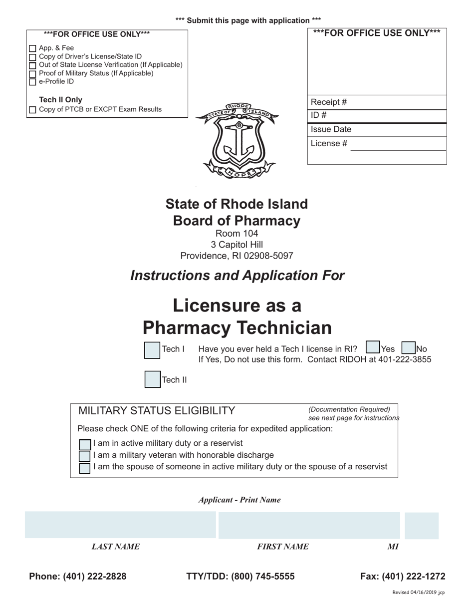 Application for Licensure as a Pharmacy Technician - Rhode Island, Page 1