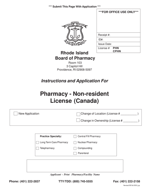Application for Pharmacy - Non-resident License (Canada) - Rhode Island Download Pdf