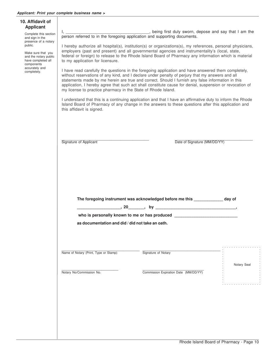 Application for Pharmacy - Institutional License and Controlled Substances Registration - Rhode Island, Page 10