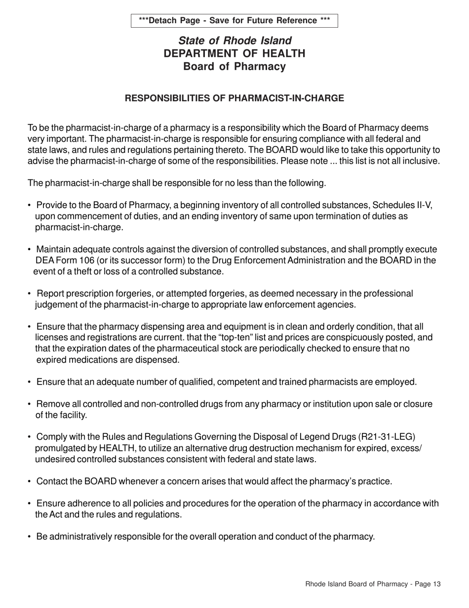 Application for Pharmacy - Institutional License and Controlled Substances Registration - Rhode Island, Page 13