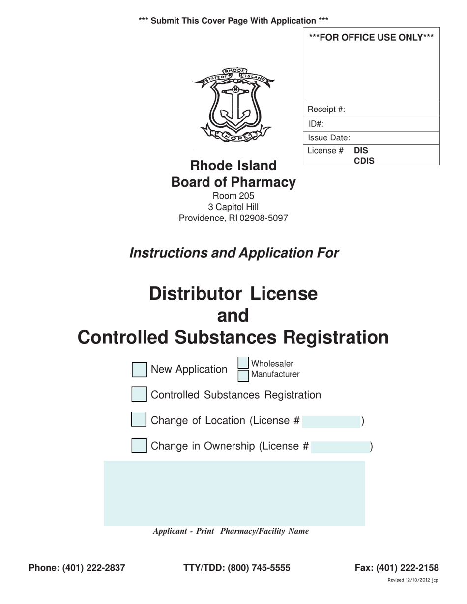 Rhode Island Application for Distributor License and Controlled