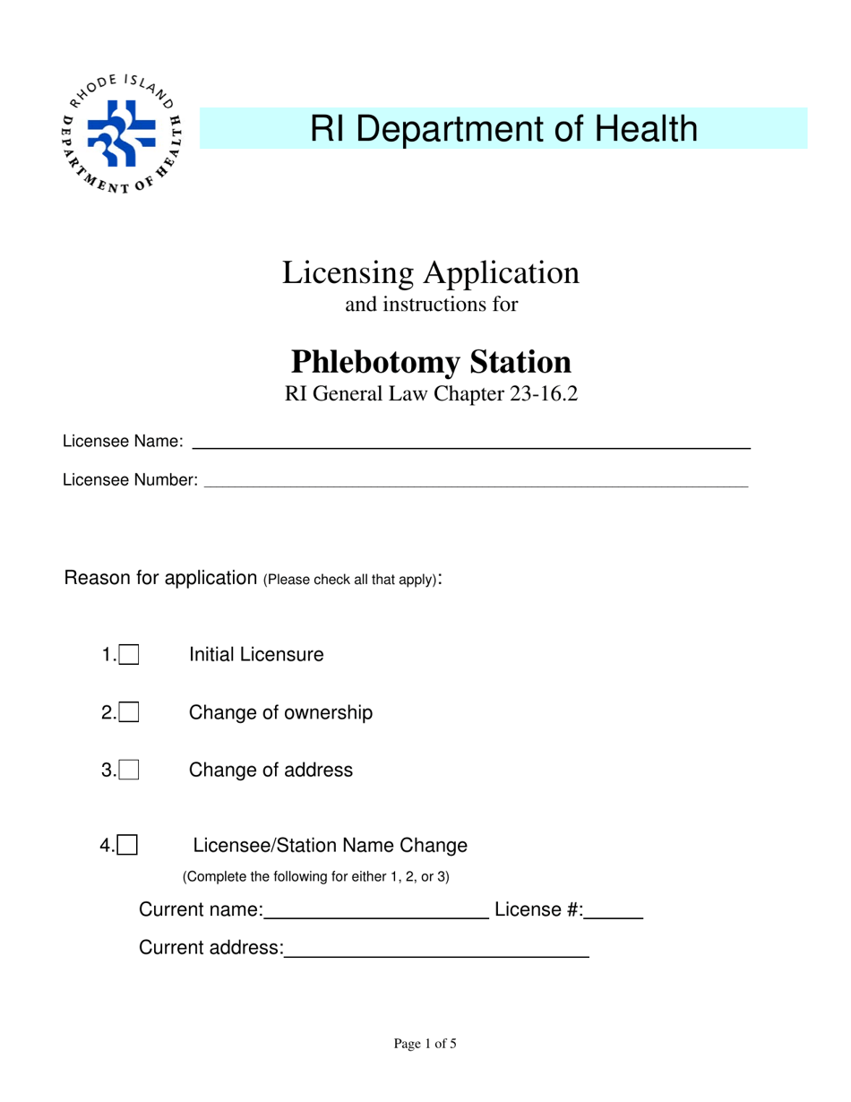 Licensing Application for Phlebotomy Station - Rhode Island, Page 1