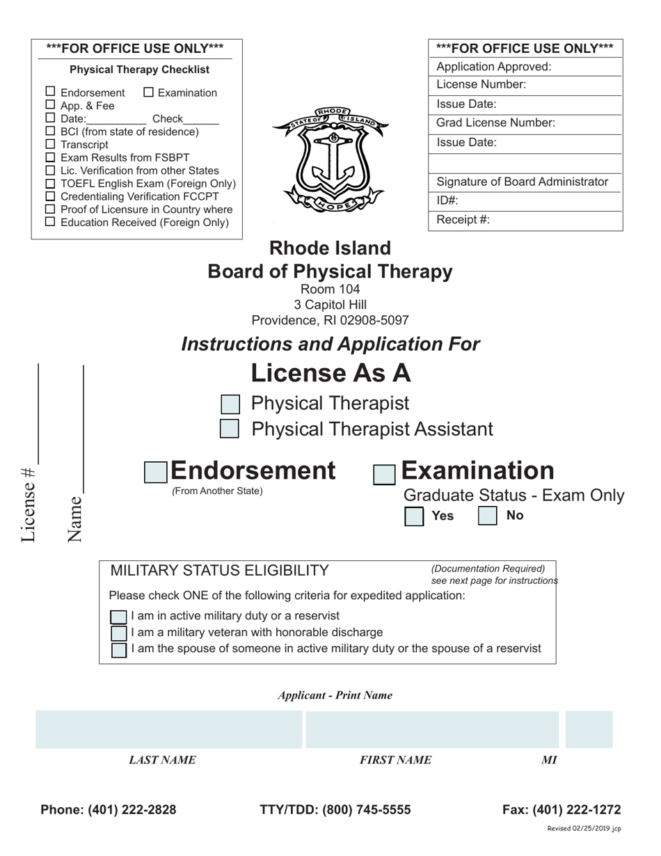 Application for License as a Physical Therapist / Physical Therapist Assistant - Rhode Island, Page 1