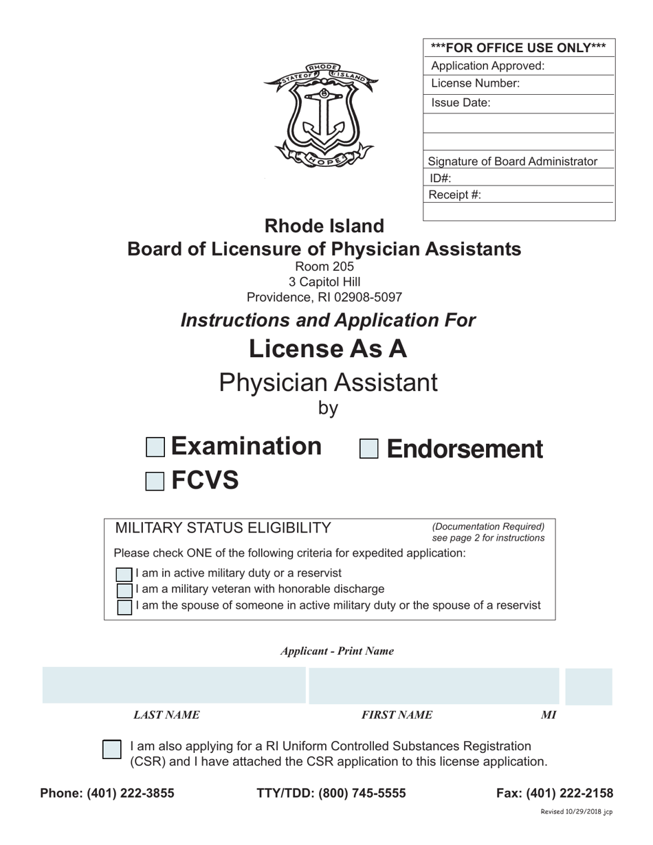 Rhode Island Application for License as a Physician Assistant Fill
