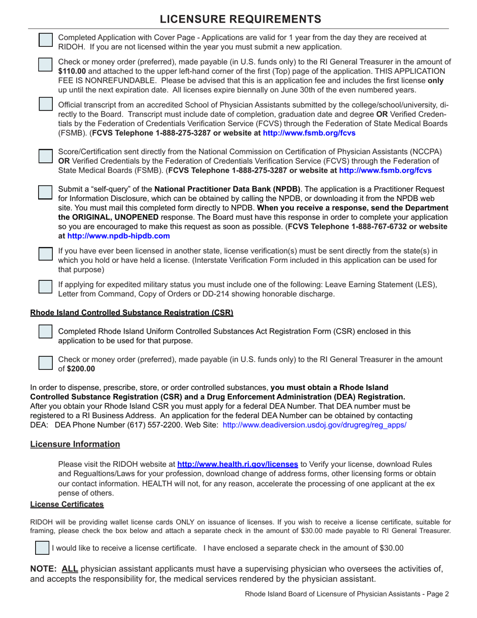 Application for License as a Physician Assistant - Rhode Island, Page 2