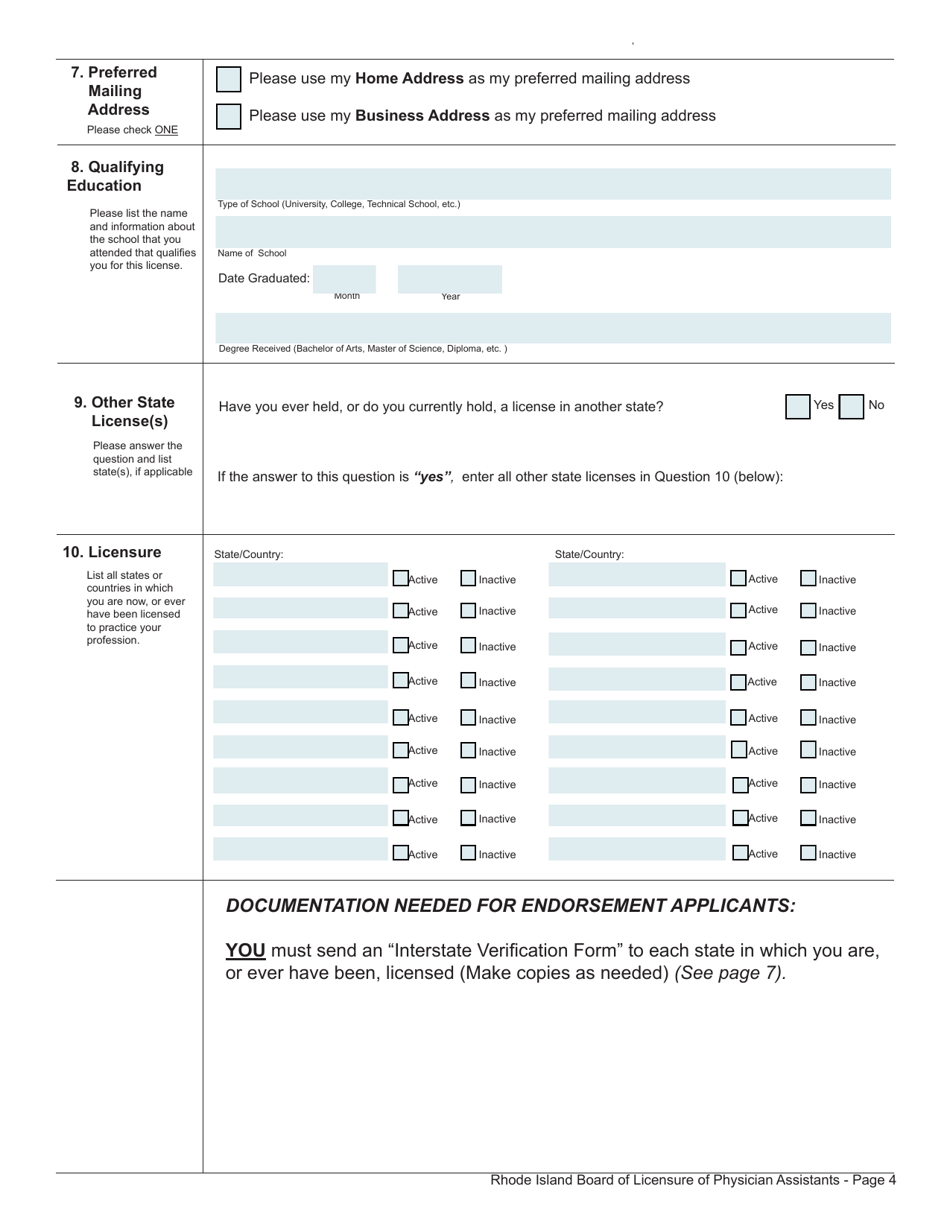 Application for License as a Physician Assistant - Rhode Island, Page 4