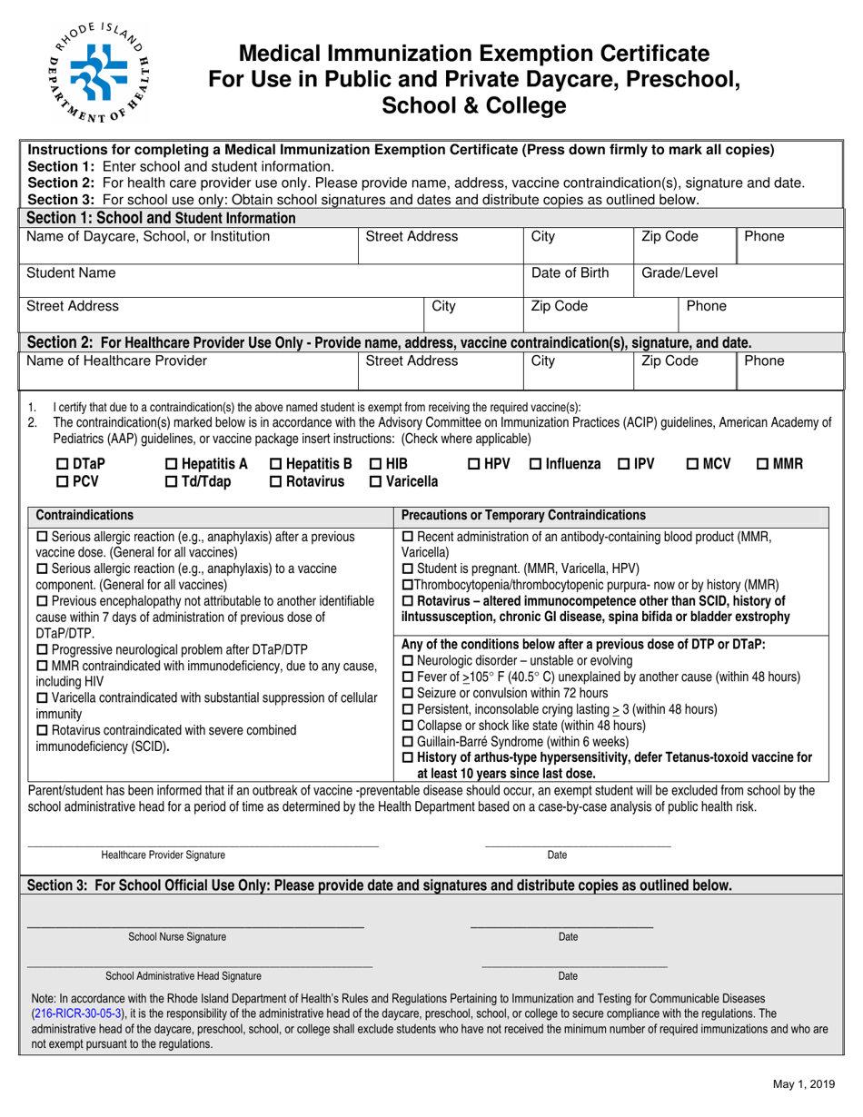 Medical Immunization Exemption Certificate for Use in Public and Private Daycare, Preschool, School  College - Rhode Island, Page 1