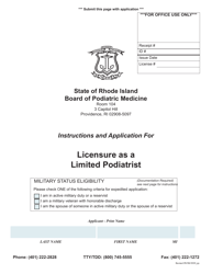 Document preview: Application for Licensure as a Limited Podiatrist - Rhode Island